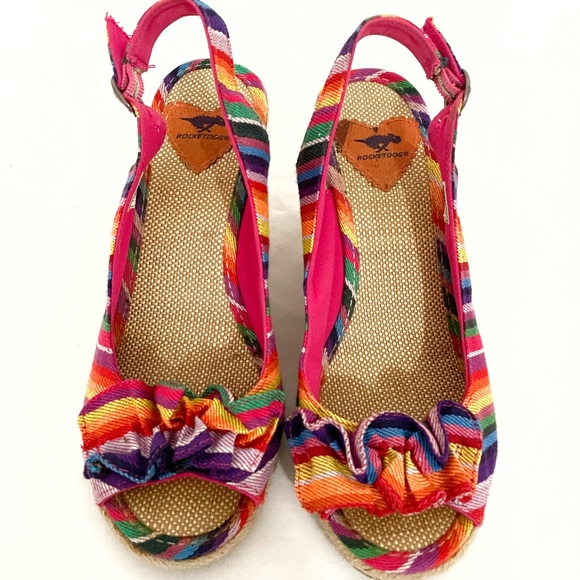 Rocket dog • rainbow stripe wedge espadrilles peep toe slingback ruffle • 7.5 - Picture 2 of 10